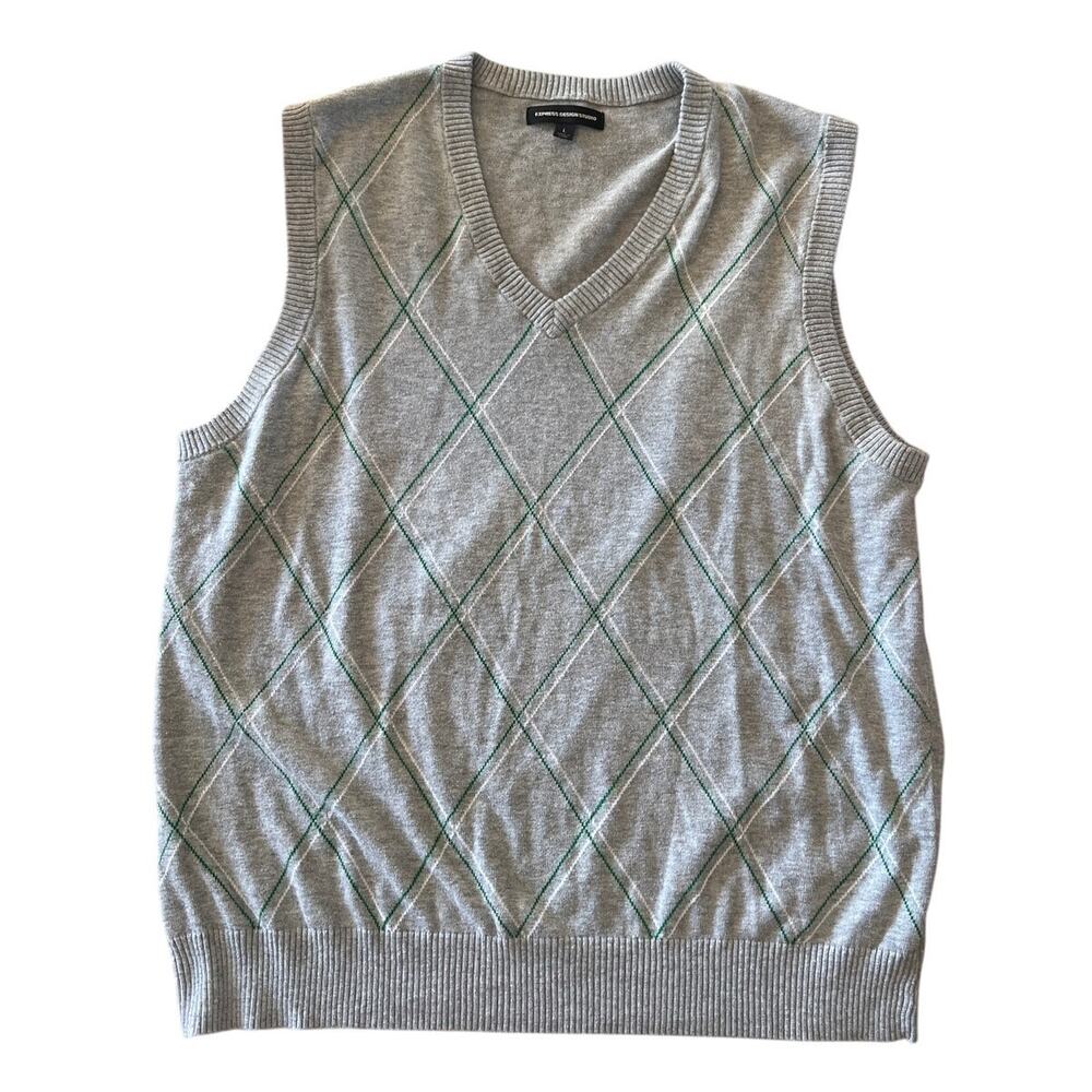 Express Design Studio Gray Plaid Argyle Sweater Vest Men Lge
